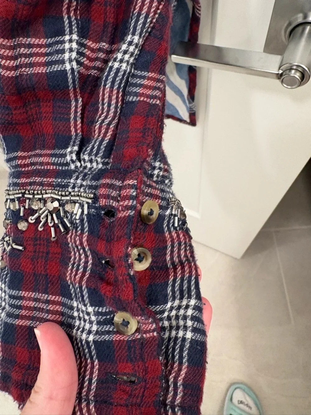 Free People Downtown Romance Red Blue Oversized Embellished Plaid Shirt Size L